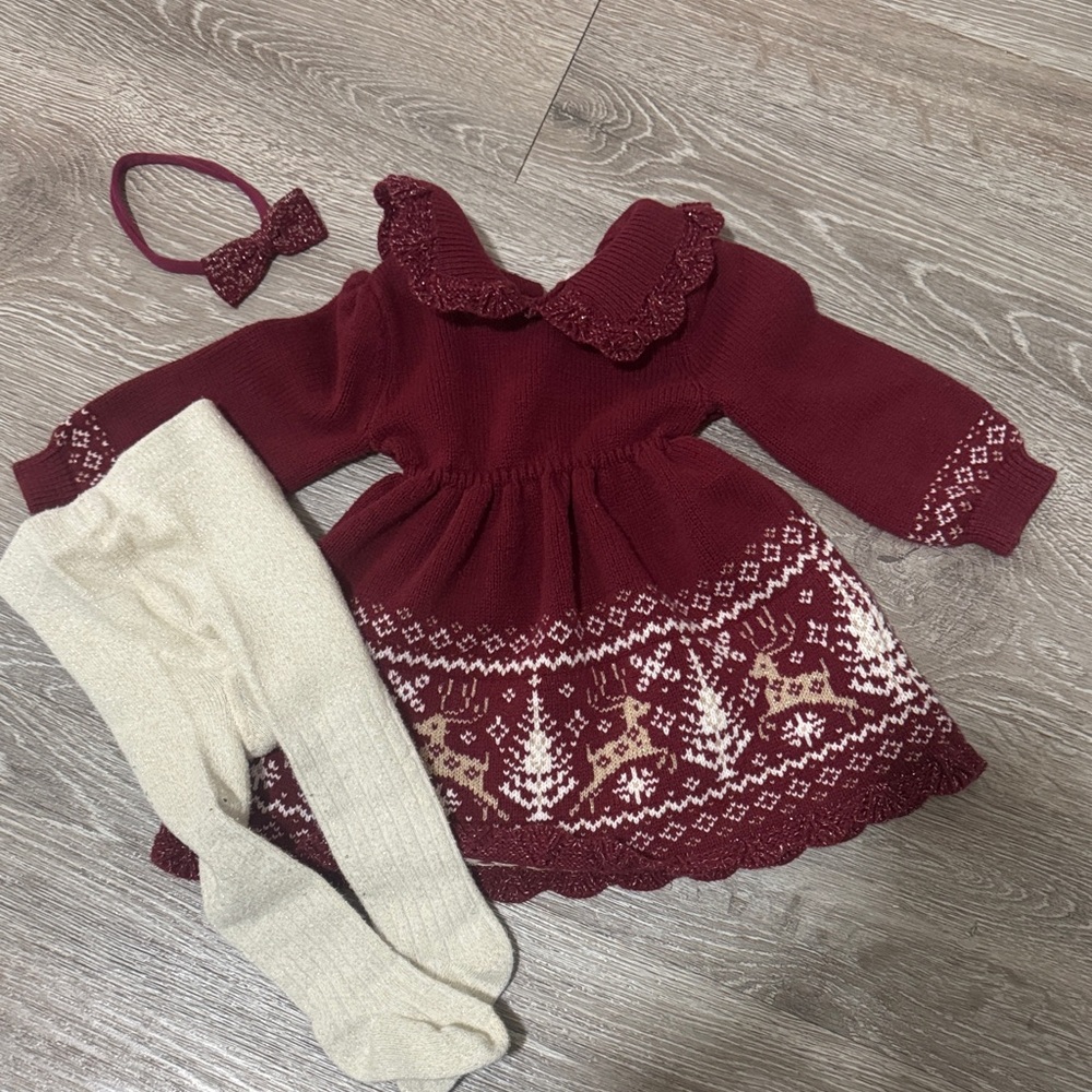 Max Studio Burgundy and Cream Kids Dress with Gold Tights and Matching Bow